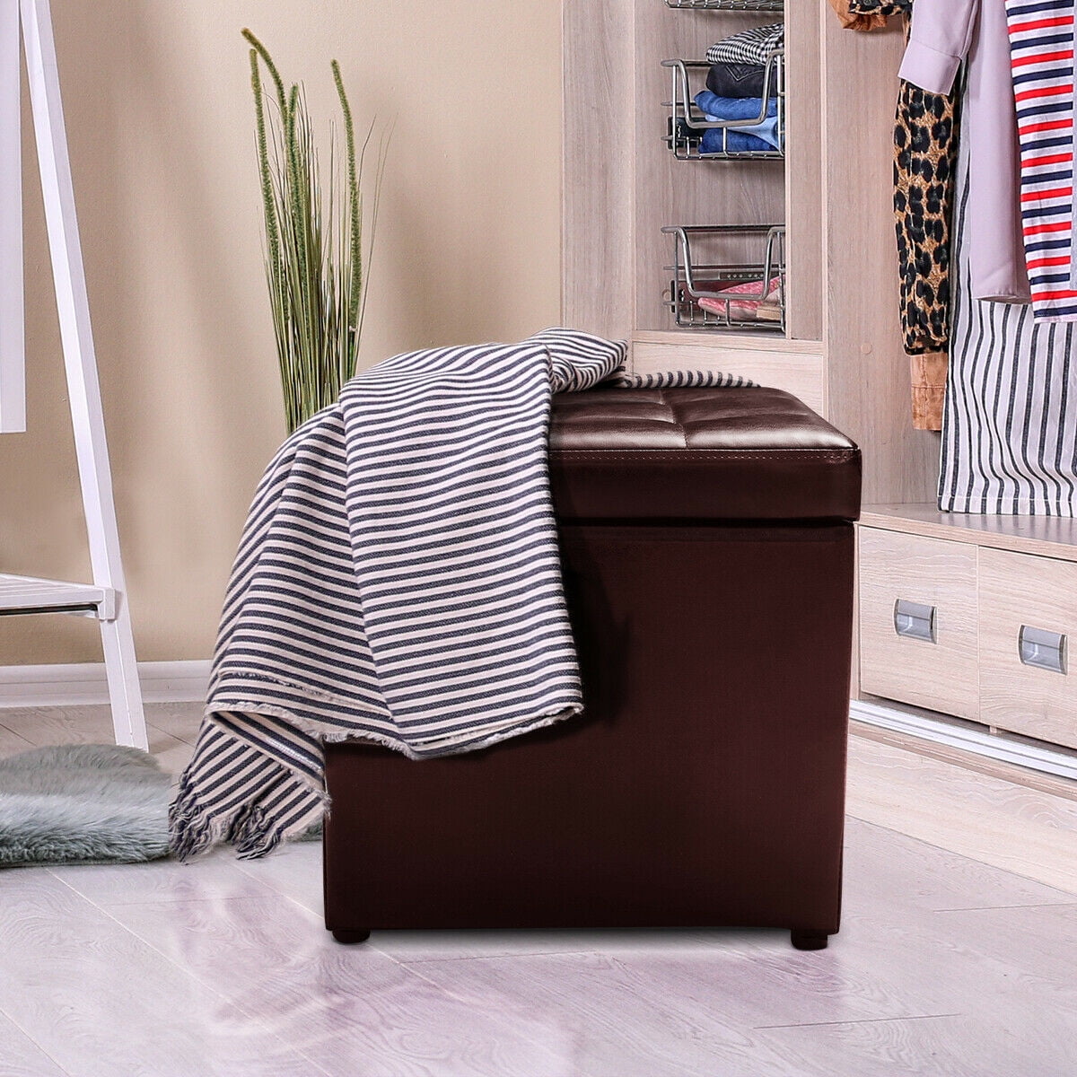 Costway 16''Cube Ottoman Pouffe Storage Box Lounge Seat Footstools with Hinge Top Red Brown