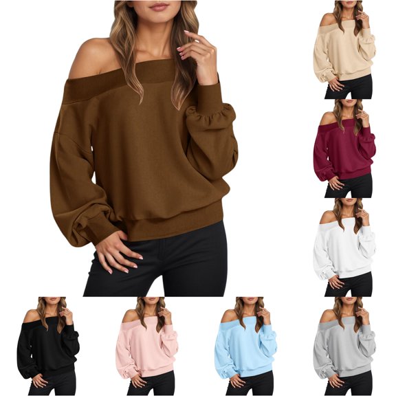 RUTAYY Women's Off Shoulder Sweatshirt Long Sleeve Puff Sleeve Solid Color Casual Pullover Tops Coffee
