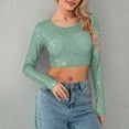 thumbnail image 4 of Womens Tops Sequin Top Glitter Party Club Jumper Long Sleeve Crew Neck Crop Skinny Sparkly Tee Crop Tops for Women, 4 of 5
