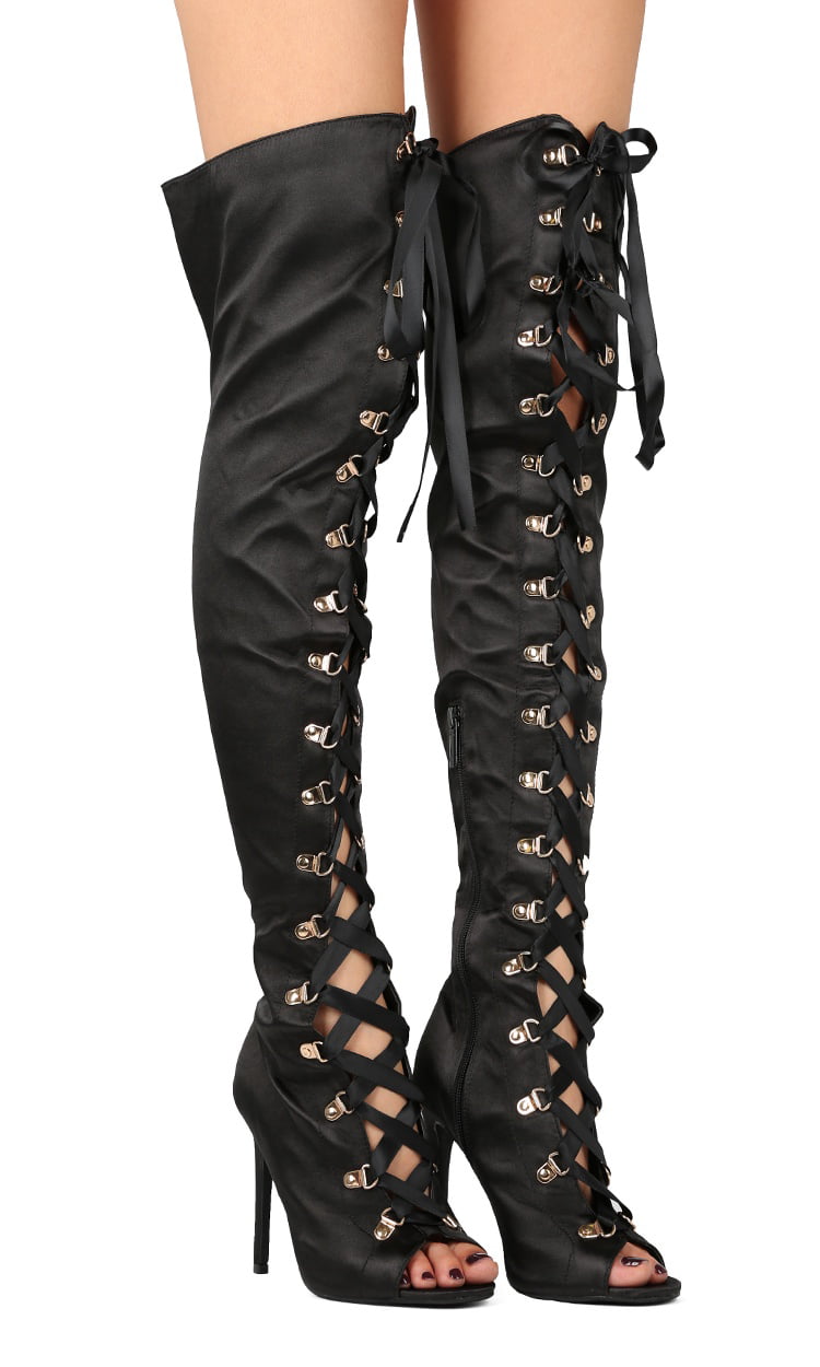 Elegant Women's Devona-1 Peep-toe Lce-up Thigh high Stiletto High Heel Boots