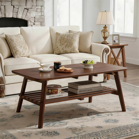100% Solid Wood Coffee Table for Living Room, 47" Folding Rectangular Center Table with Open Storage Shelf, 2-Tier Mid Century Modern Small Table, Space-Saving Design, Walnut Brown
