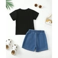 thumbnail image 3 of Kucnuzki 2T Toddler Boys Summer Outfits 3T Toddler Boys Casual Clothes Sets Short Sleeves Pullover Top Letter Print T-shirt Ripped Denim Shorts Sets 2pcs Black, 3 of 7
