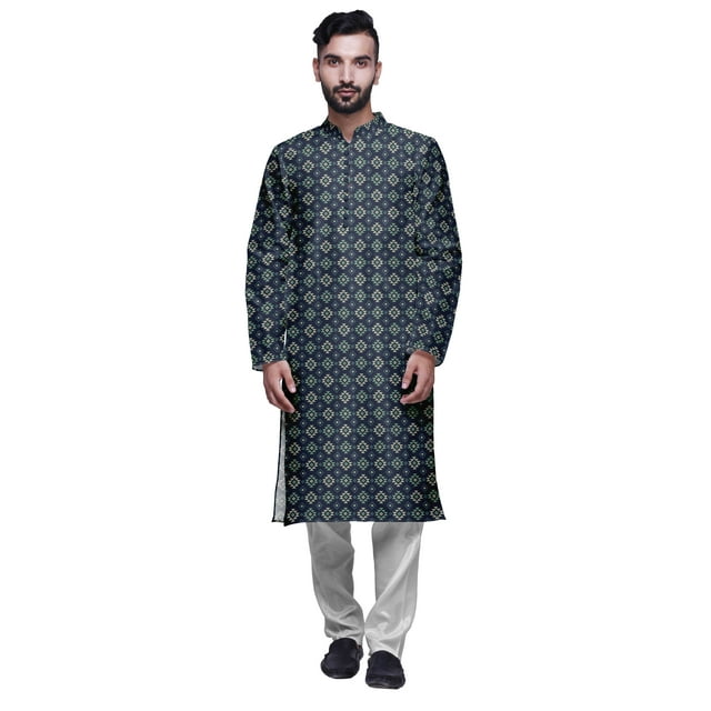 Atasi Kurta Imprimé pour Homme et Ensemble de Pyjama Churidar Blanc Col Mandarin Tenue Ethnique