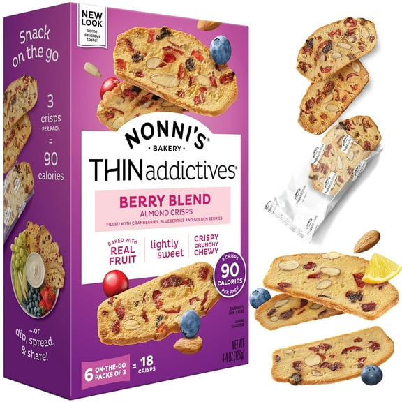 Nonni's THINaddictives Almond Thin Cookies - Berry Blend Almond Cookies - Almond Cookie Thins w/Cranberries Blueberries Goldenberries Raisins Sunflower Seeds - Kosher - 4.4 oz