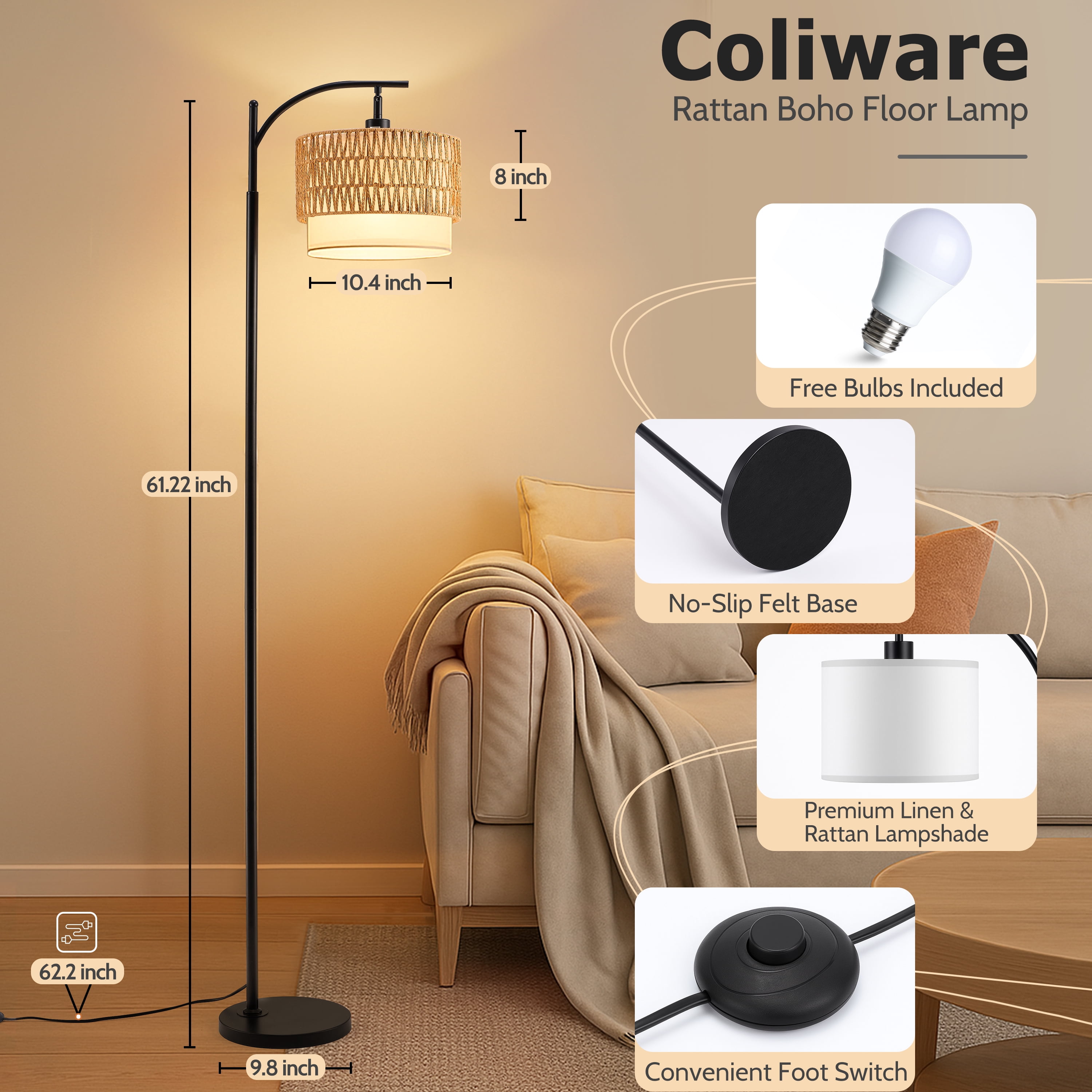 Coliware Rattan Floor Lamp for Living Room, Standing Lamp with Double Drum Shade, Dimmable Farmhouse Floor Lamp for Bedroom, 3 Color Temperatures Bulb Included