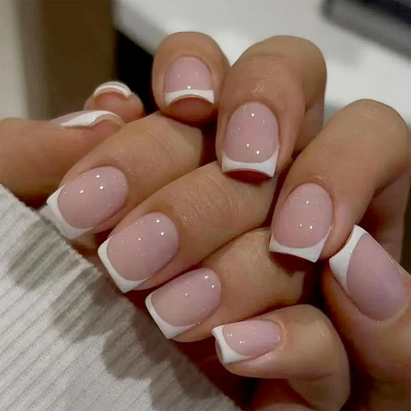 Press on Nails Short Acrylic Fake Nails White French Tip Square Artificial Nails Press ons Pink Full Cover Glossy Stick on Nails for Women Girls 24 Pcs