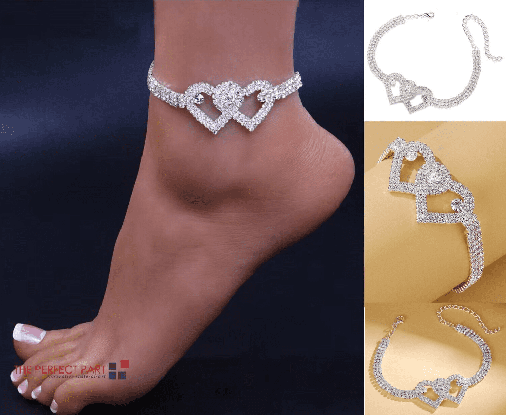 Double Heart Anklet Bracelet Love Barefoot Chain Bling Crystal Ankle