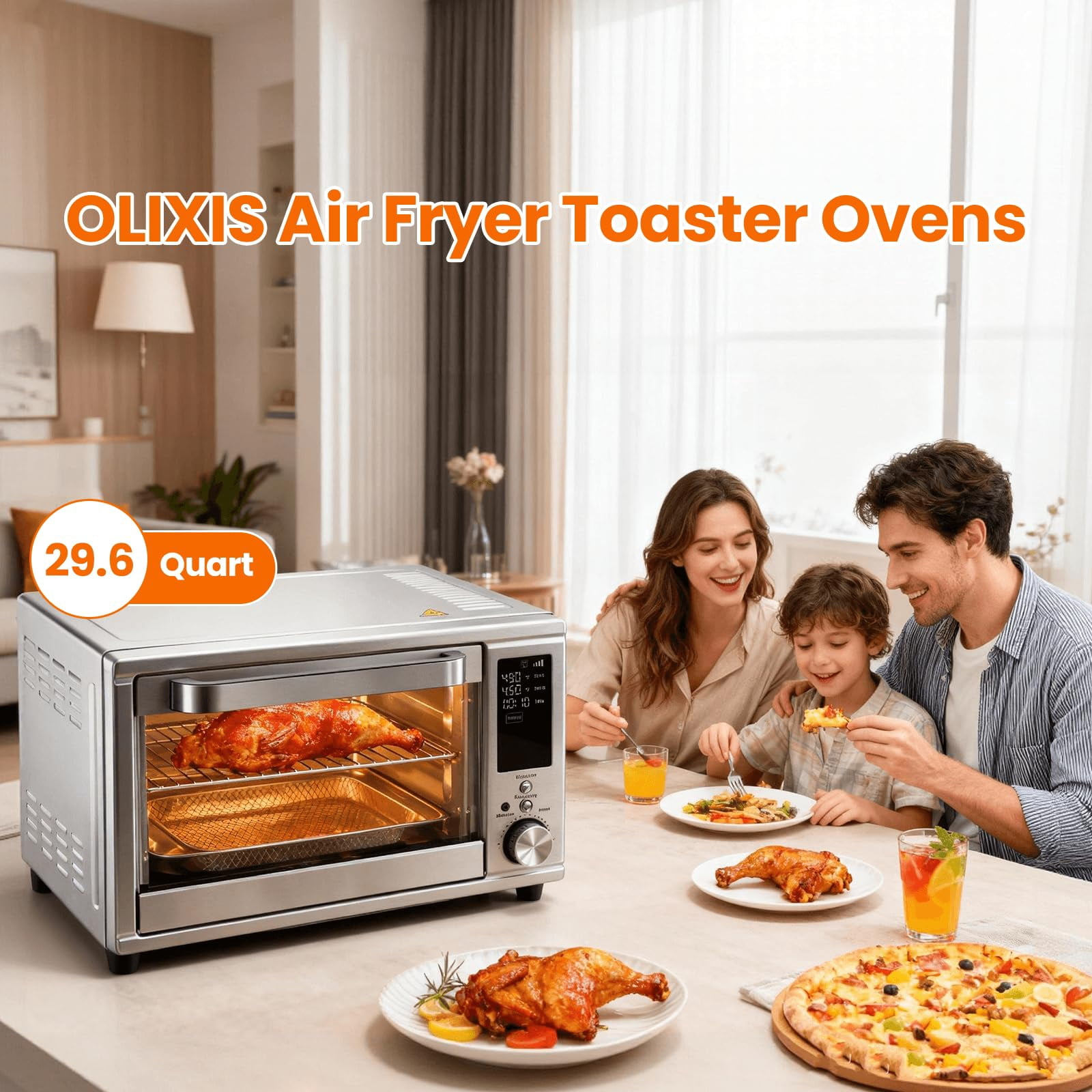 LIFERECORD Air Fryer Toaster Oven Combo Extra Large 29.6QT, Countertop Smart Probe Oven with 12 Functions in 1, Stainless Steel, 7 Accessories, Up to 450°F