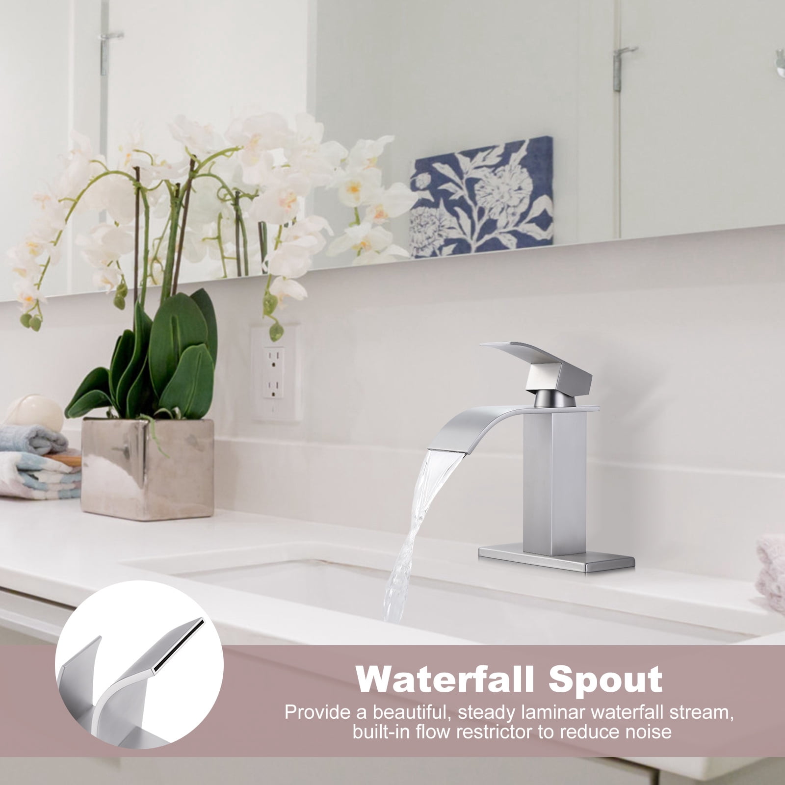 Wowow Waterfall Bathroom Faucet Brushed Nickel Faucet for Bathroom Sink Single Handle Mixer Tap Lavatory Vanity Faucet with Deck Plate and Pop Up Drain, 1 or 3 Hole