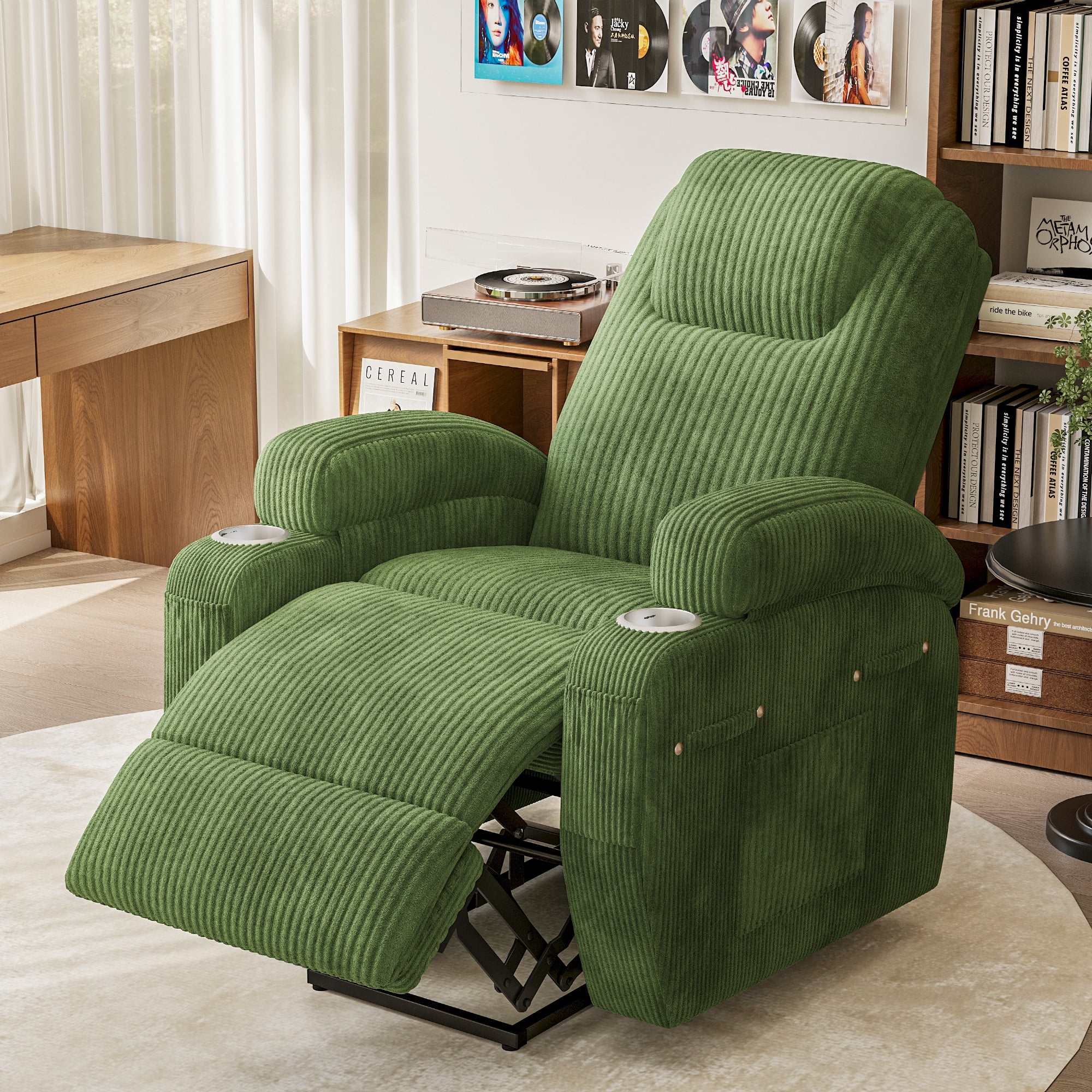 Homall Power Lift Recliner with Eight Vibrating Massages Ergonomic Single Sofa with Side Pocket and Soft Corduroy for Elderly,Corduroy Green