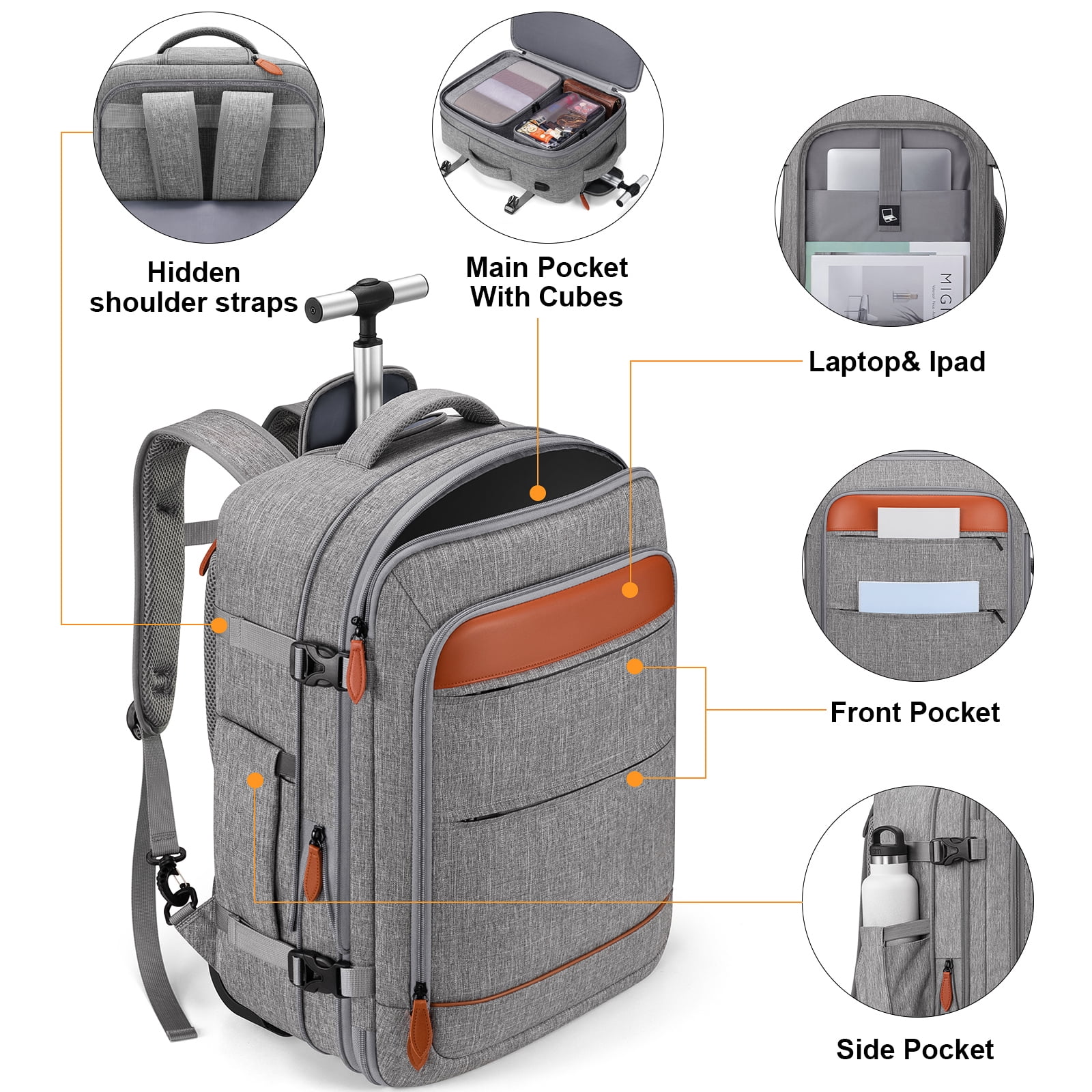 UKEIN Rolling Backpack for Adults Backpack with Wheels with USB Charging Port & Combination Lock Roller Backpack with Packing Cubes and Shoe Pocket