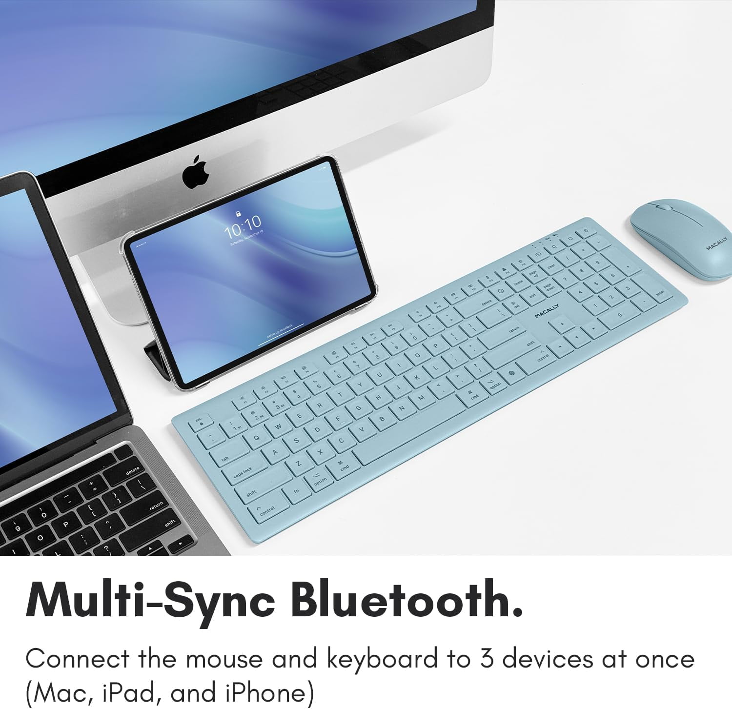Macally Wireless Keyboard and Mouse Combo for Mac Mini/Pro, iMac, MacBook, iPad, iPhone - Compatible Bluetooth Apple Keyboard and Mouse Combo (Multi Device, Rechargeable, Emoji Keys)