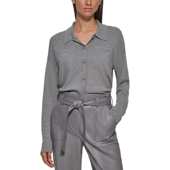 Calvin Klein Womens Collar Knit Button-Down Top