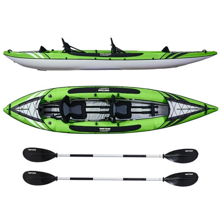 Driftsun Almanor 130 Two Person Inflatable Recreational Touring Kayak with High Pressure Flooring and EVA Padded Seats with High Back Support, Includes Paddles, Pump, Travel