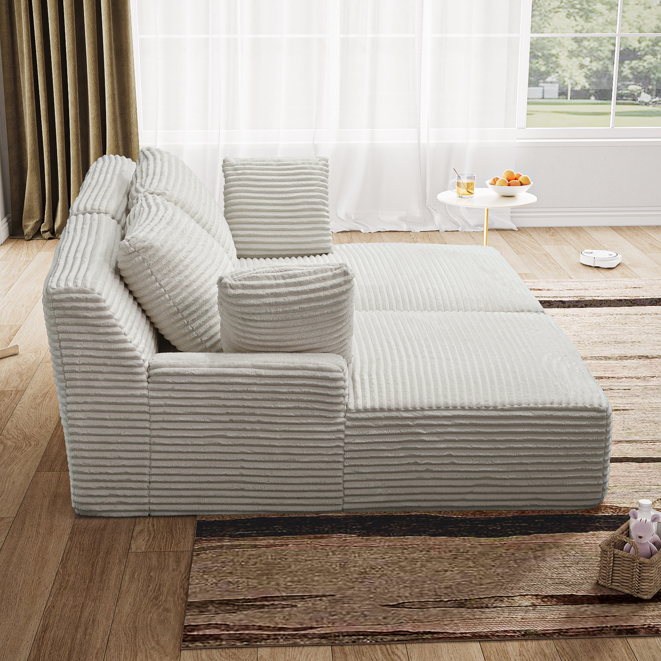 Noble House Elley 77.8" Oversized Double Chaise Lounge, Cloud Plush Corduroy Sleeper Chair with Pocket Springs, Beige