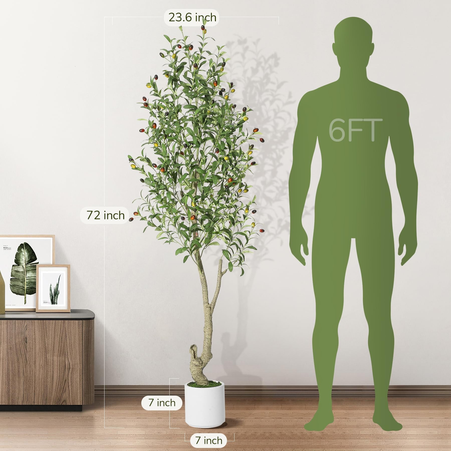 BouPower Artificial Olive Tree, Tall Faux Olive Tree with Natural Wood Trunk, Lifelike Fruits, White Planter and Green Fake Moss, UV Resistant Potted Plant for Home Office Living Room Foyer Decor