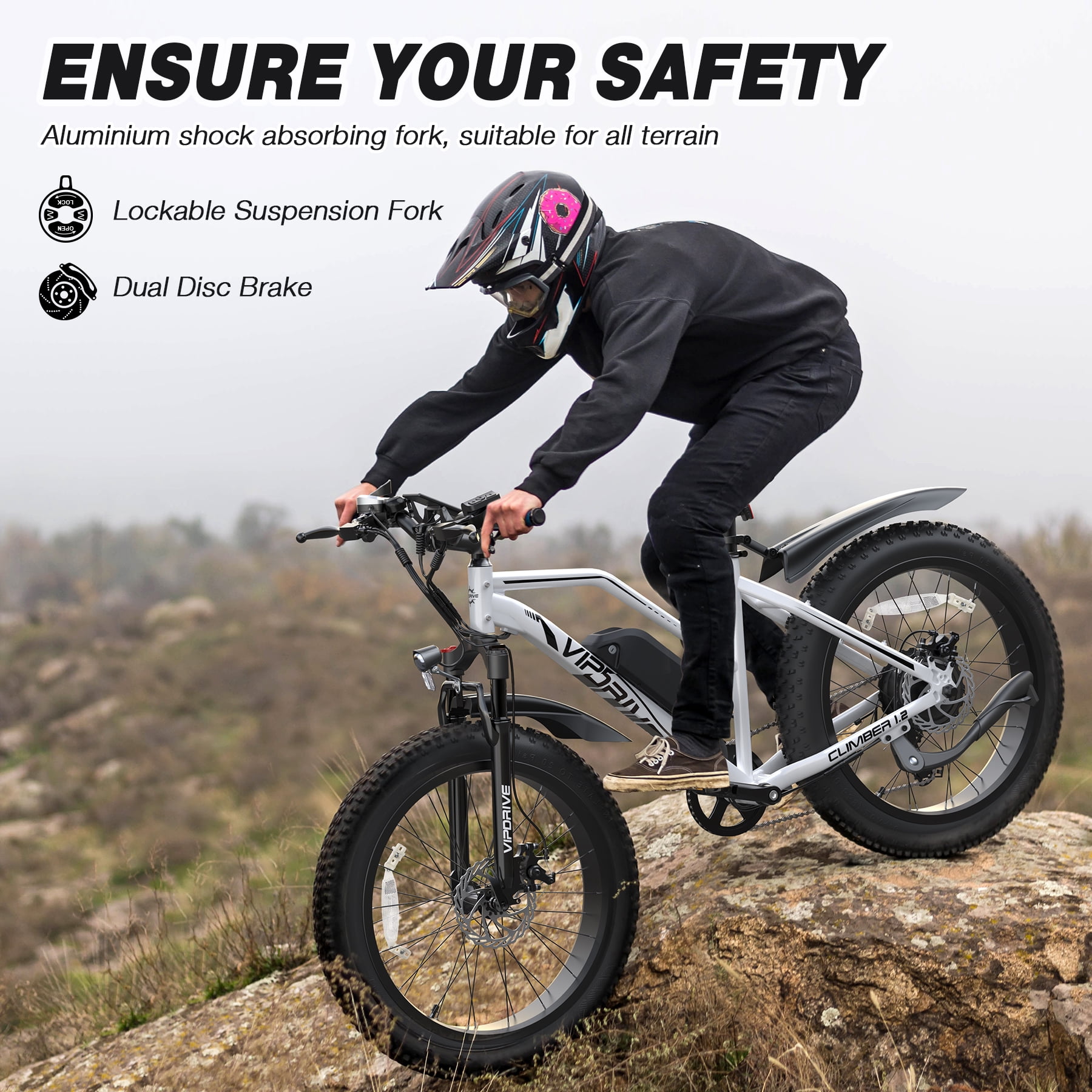 VIPDRIVE Electric Bicycle for Adults, 500W Ebike, 25MPH 50Miles Electric Mountain Bike, 26" 4.0 Fat Tire Electric Bike for Adults， with 48V 13AH Battery, 7 Speed，UL2849