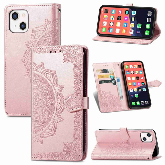 Dteck Wallet Embossed Case For Apple iPhone 13, Magnetic [Built-in Credit Card Slots] Flip Folio Floral Patterned PU Leather Stand Cover Case,rosegold