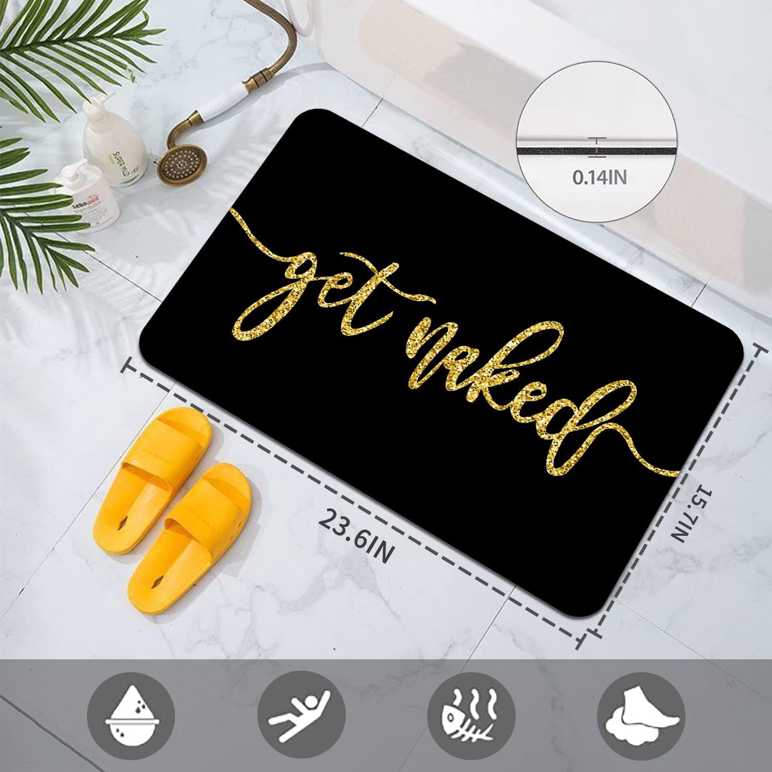 Gold Black "Get Naked" Bath Mat Absorbent NonSlip Bathroom Rugs Thin Fit Under Door Perfect for Bathtub, Shower Room, Sink Add Elegance and Humor to Your Bathroom Decor