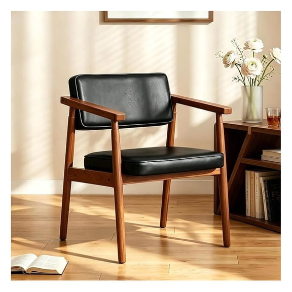 Century Dining Chairs with Wooden Handrail, Black Upholstered Pu Leather Armchair Comfy Backrest Modern Kitchen Chairs for Bedroom Living Room Dining Room, Set of 1