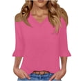 thumbnail image 2 of Womens Tops 3/4 Length Sleeve Summer Tunic T Shirts Ladies V-Neck Dressy Casual Ruffle Sleeve Blouses Hot Pink M, 2 of 7