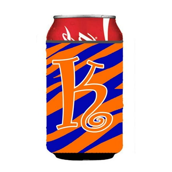 Letter K Initial Monogram - Tiger Stripe Blue And Orange Can Or Bottle Hugger