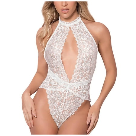 

DNDKILG Womens Teddy Sexy Snap Crotch Bodysuit One Piece Halter Deep V Neck Lingerie Sleepwear Lace Babydoll White S