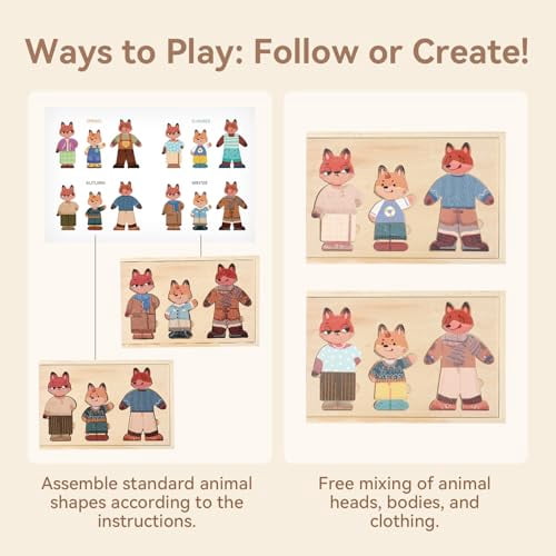 Wooden Fox Family Dress up Puzzle for Toddlers 1-3, Animal Puzzle Toy Sorting & Matching with Storage Case, Learning Educational Montessori Toy Gifts for Kids Boys Girls for 2-4 Years Old