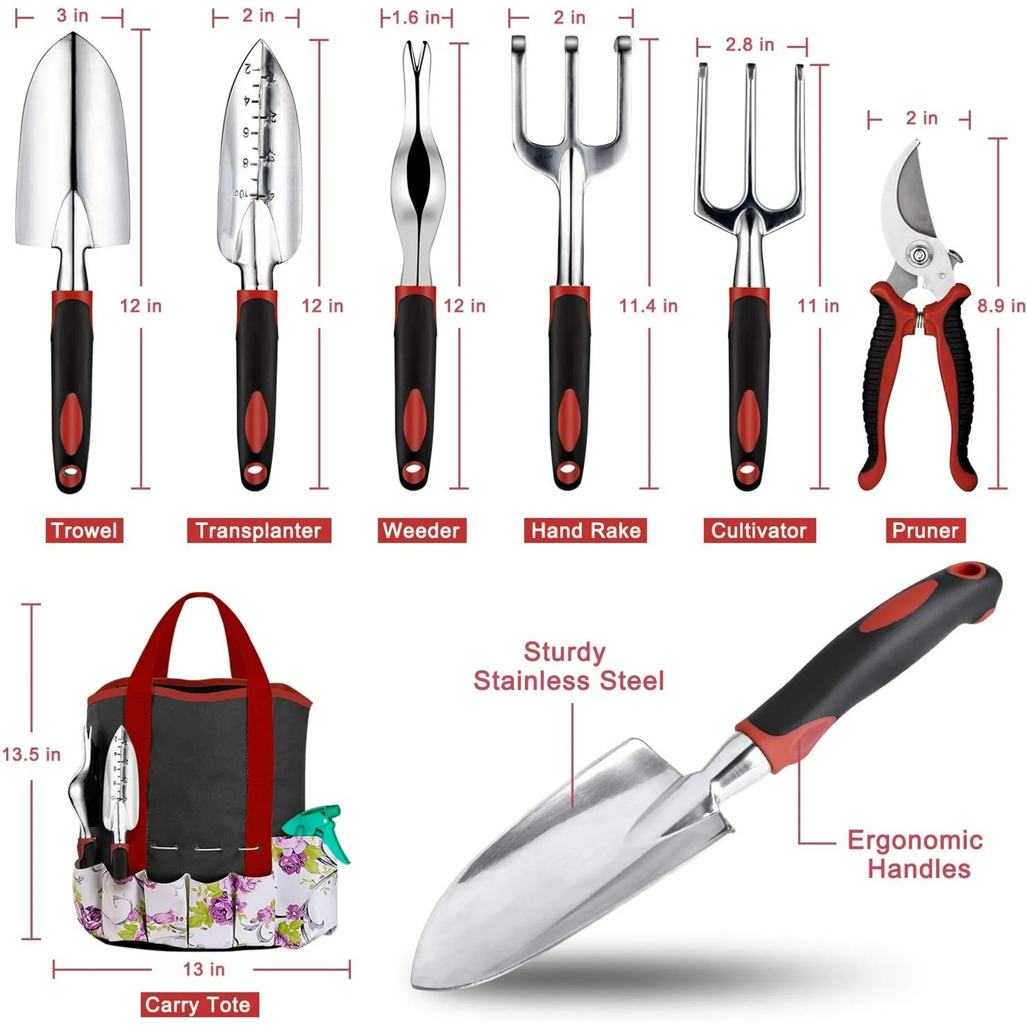 Gardening Tools Set, Aluminum Garden Tools for Gardening,Non-Slip Ergonomic Handle Tools,Storage Tote Bag,Gifts Hand Tools Set for Women(Red)