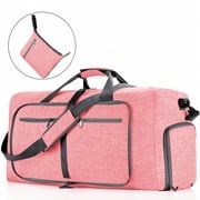 Travel Duffle Bag for Men Women, 65L Foldable Travel Duffel Bag with Shoes Compartment, 24" Extra Large Overnight Bag, Waterproof & Tear Resistant Weekender Bags (Pink)