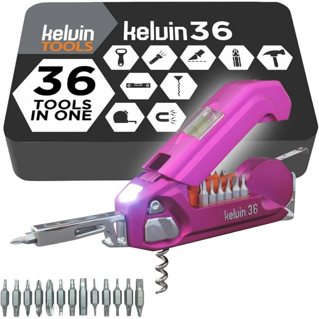 Kelvin Tools - Kelvin 36 Urban Multi Tool Screwdriver Set - All in One Hand Tool With 26 Interchangeable Bits, Tape Measure, Liquid Level, Hammer, Flashlight, Corkscrew and Magnetic Tip