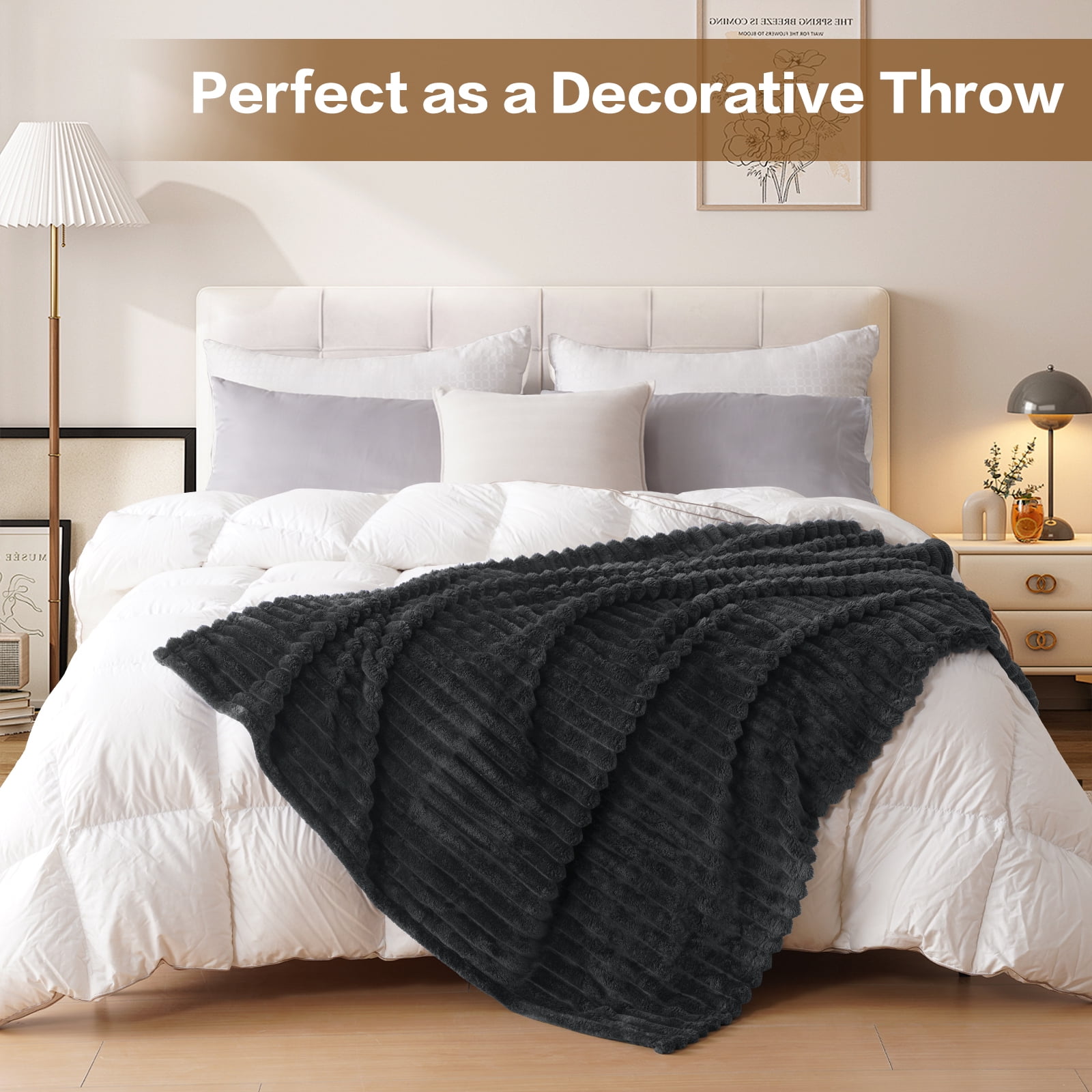 EMONIA Dark Gray Queen Fleece Blanket for Bed, 320GSM Super Soft Cozy Blankets and Throws, Decorative Throw Blankets for Women Men Gifts, Throws with Stripes for Sofa Bed Decor, 90''x90''