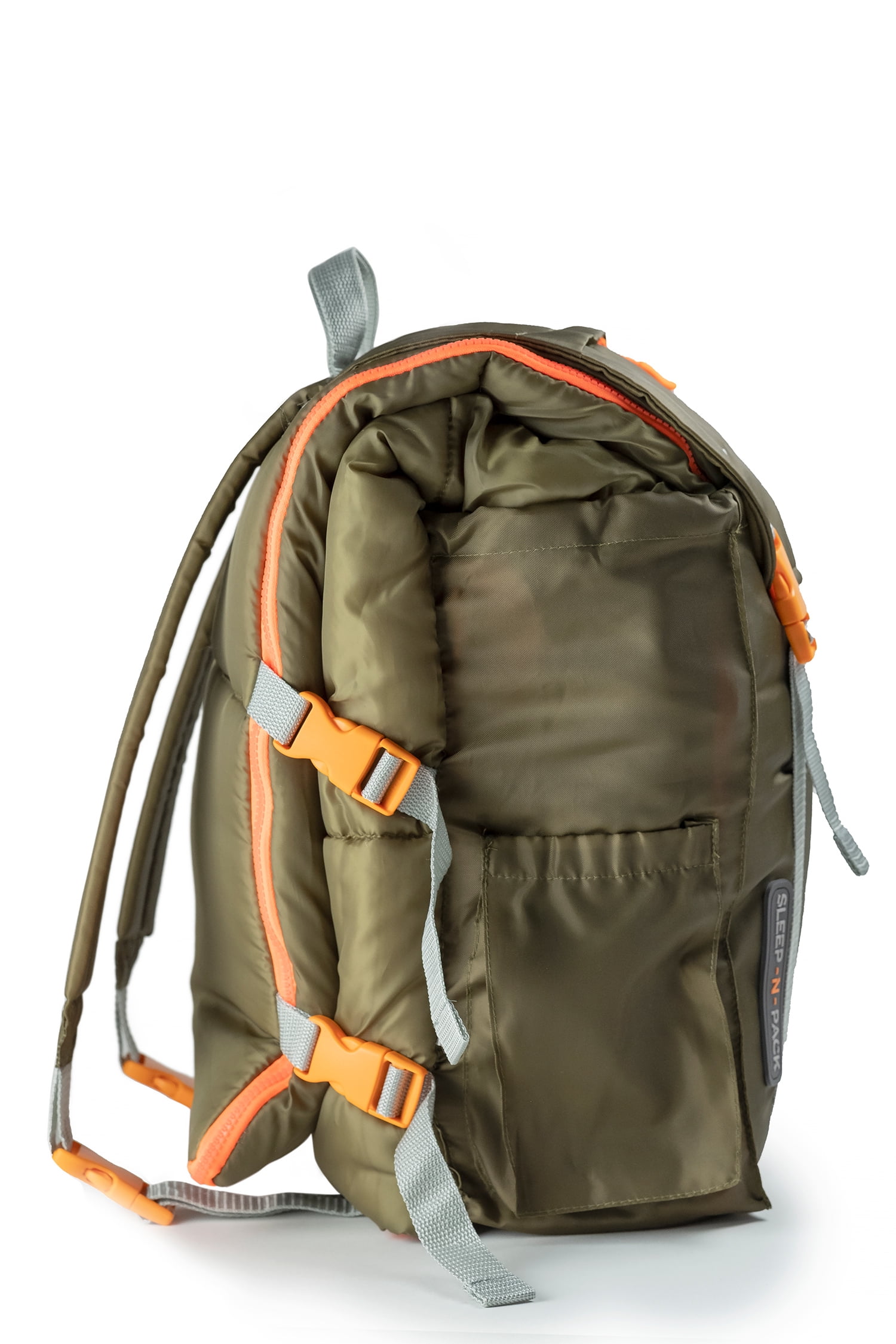 Mimish Sleep-N-Pack, 37F Kid's Sleeping Bag & Backpack, Olive Green/Bright Orange