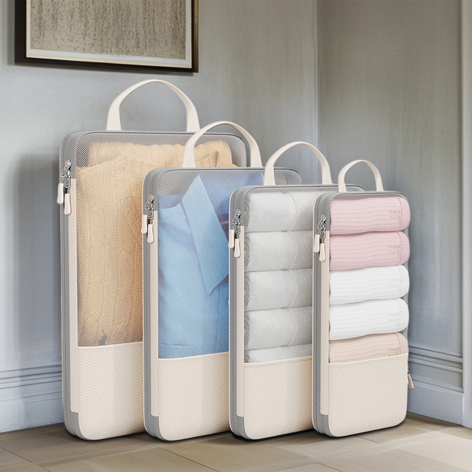 Matoen 4-Piece Travel Compression Packing Cubes Set - Lightweight Mesh Luggage Organizers for Effortless Packing, Space-Saving Storage Bags for Trips
