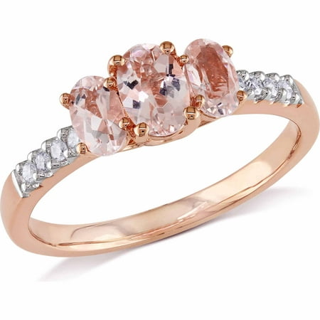 7/8 Carat T.G.W. Oval-Cut Morganite and Diamond-Accent 10kt Pink Gold Three-Stone Ring
