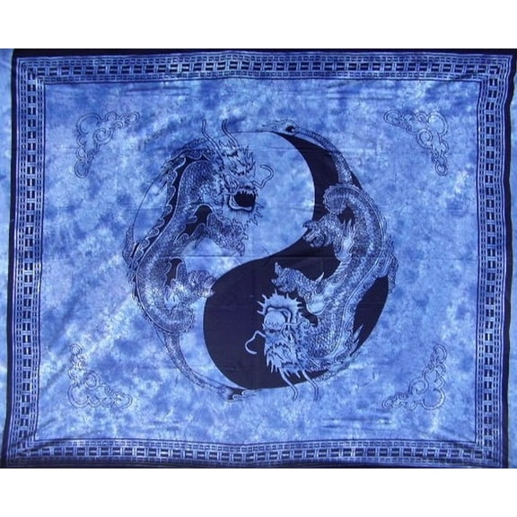 Yin Yang Dragon Tapestry Cotton Bedspread 108" x 88" Full-Queen Blue