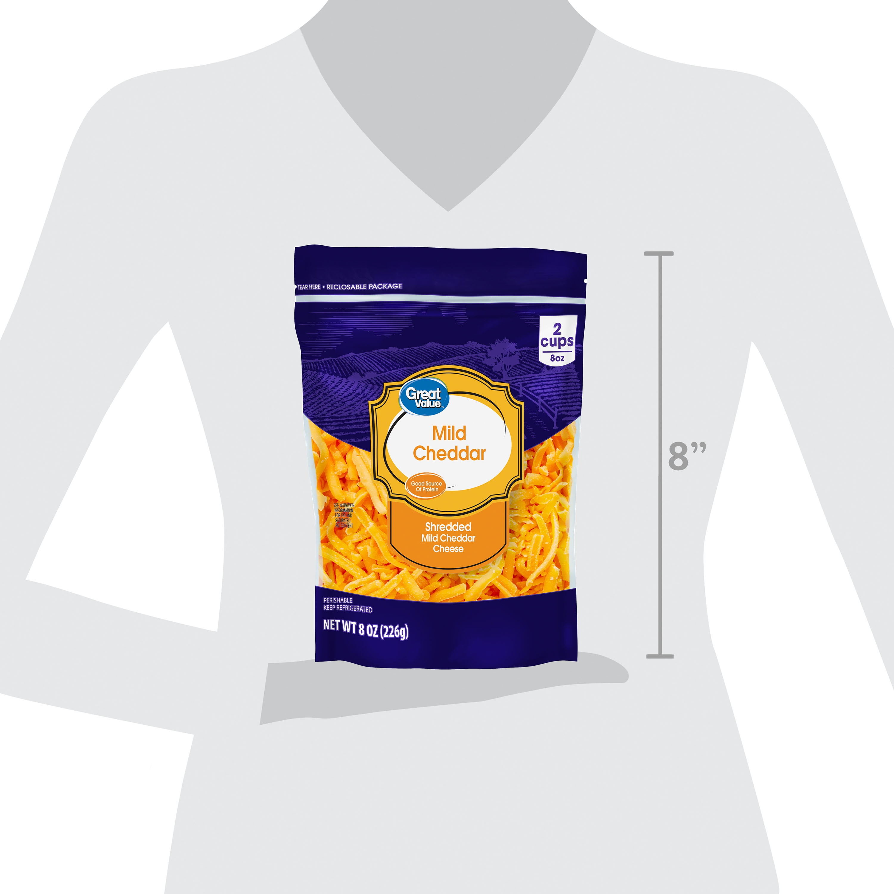 Great Value Mild Cheddar Shredded Cheese, 8 oz Bag