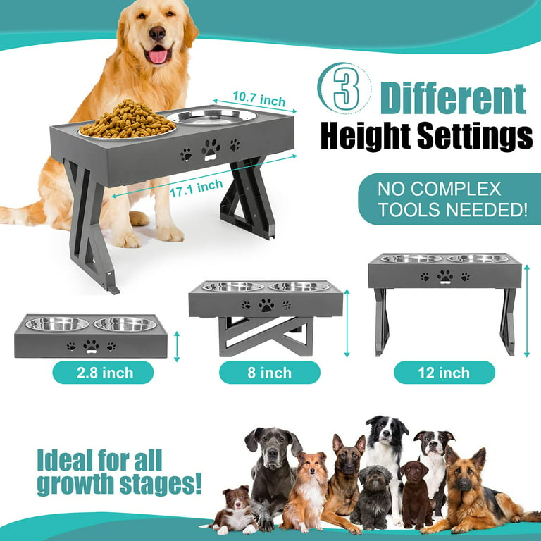 odriew elevated dog bowls, 5 adjustable heights raised dog bowl stand with  2 stainless steel dog food bowls, tiltable neck gu