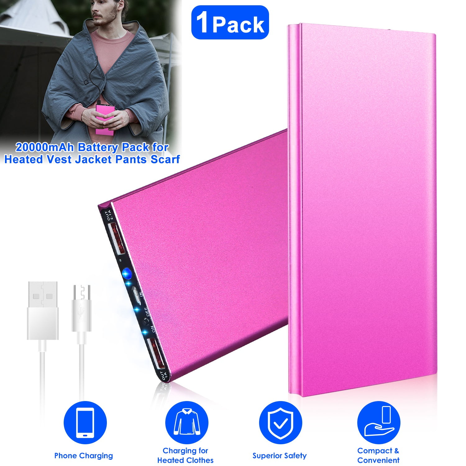 5V 2.1A Power Bank for Heated Vest Jacket 20000mAh Slim Lightweight Fast Charging Portable Charge with Dual USB Ports for Heated Clothing (1Pack, Hot Pink)