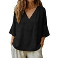 thumbnail image 3 of Feancey Womens Cotton Linen Gauze Tops Loose V Neck 3/4 Sleeve Peasant Blouse Breathable Comfort Summer Tees Solid Color Casual T-Shirts Black L, 3 of 9