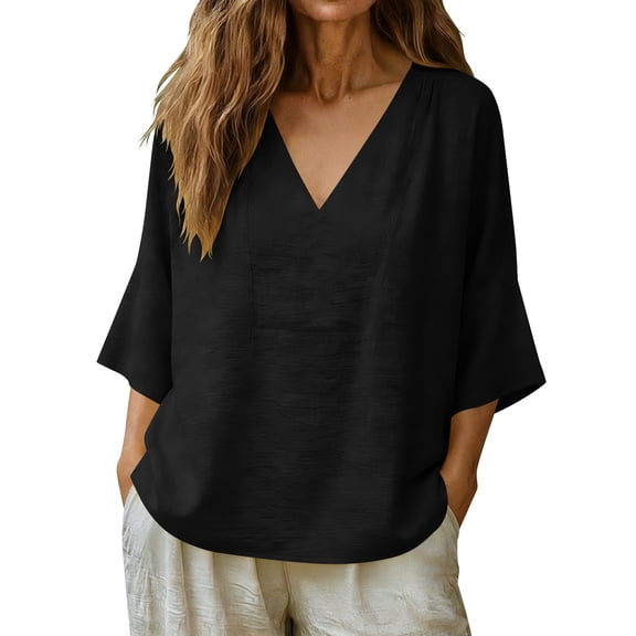 MaFYtyTPR Women's 3/4 Sleeve Cotton-Linen Blouse Fashionable Solid Color Loose V-Neck Shirt Three-Quarter Sleeve Tops for Women A-Black L