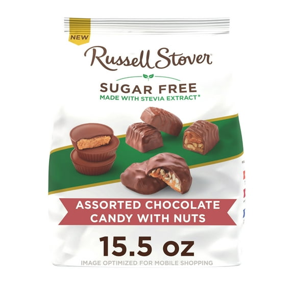 RUSSELL STOVER Sugar Free Assorted Chocolate Candy with Nuts, 15.5 oz. bag (≈ 26 pieces)