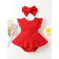 thumbnail image 2 of Qmyliery Baby Girl Romper Rib Round Neck Lace Fly Sleeve Bottom Snap Jumpsuit + Bow Headband, 2 of 9