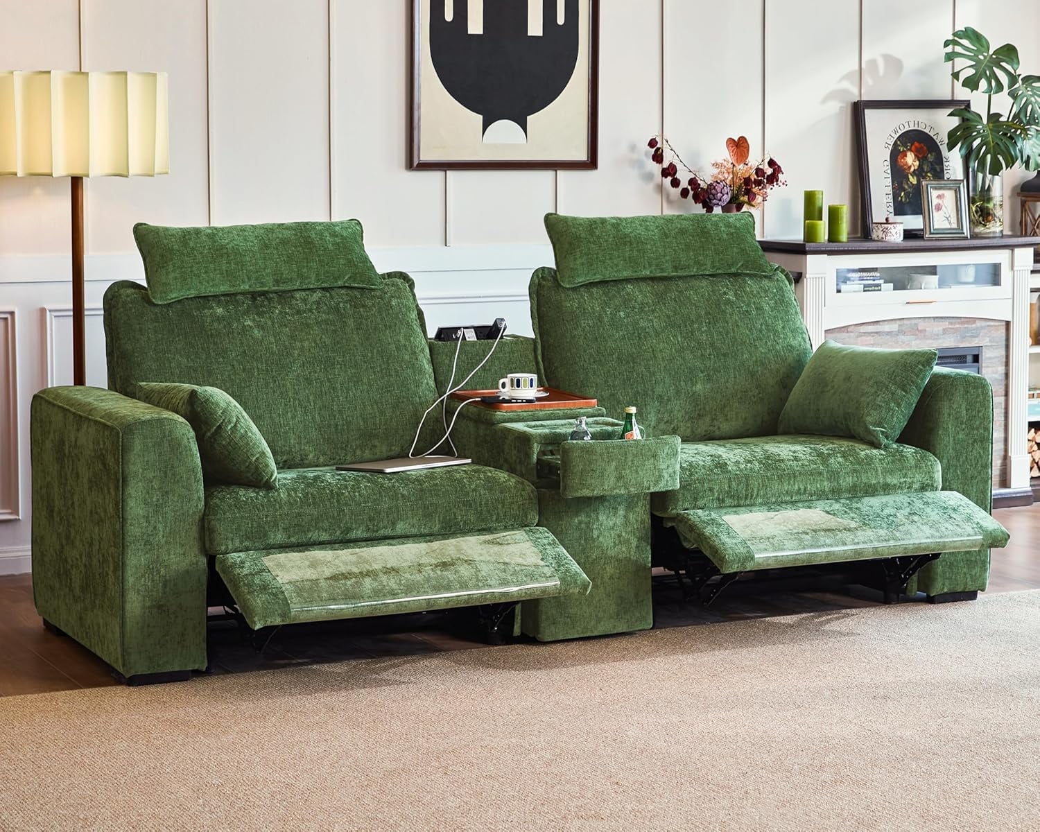 BEDEEP 103'' Power Reclining Loveseat Sofa with Console, Chenille 2-Seater Recliner Sofa with Wireless Charger, USB, Cup Holder, Headrest, Drawer for Living Room RV, Green
