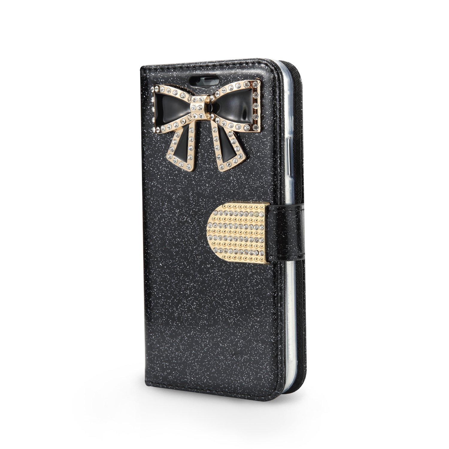 iPhone X Case, Shiny PU Leather Sparkle Rhinestone Butterfly Wallet Case (WBL Black)
