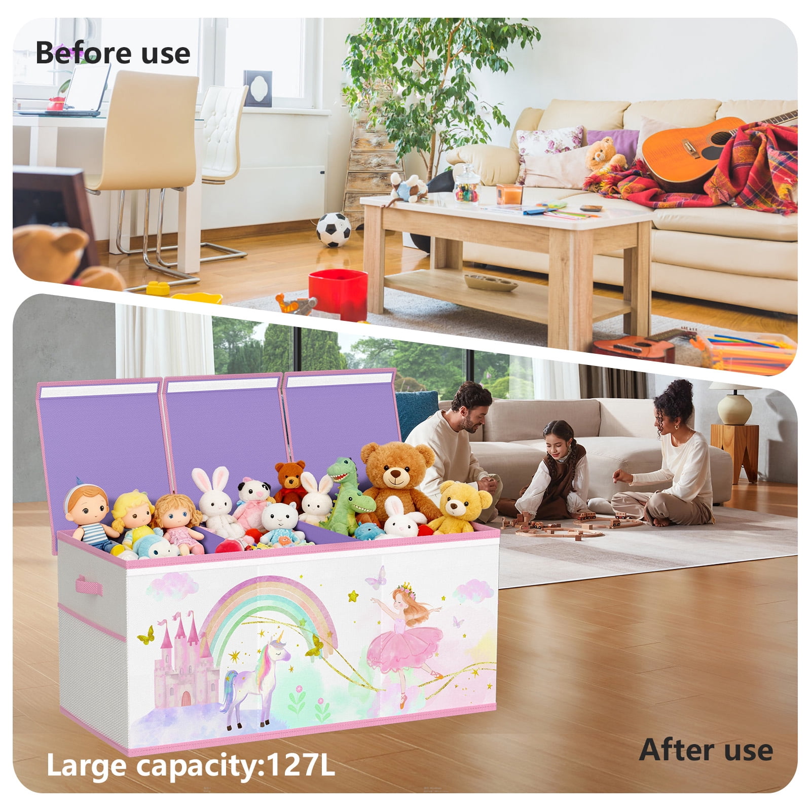 Extra Large Toy Storage Box for Girls Boys - Collapsible Toy Chest Organiser for Kids,Toy Bin Container with Lid for Clothes,Blanket,Nursery,Playroom,Bedroom,Stuffed Animals,Quilt(Beige&Purple)