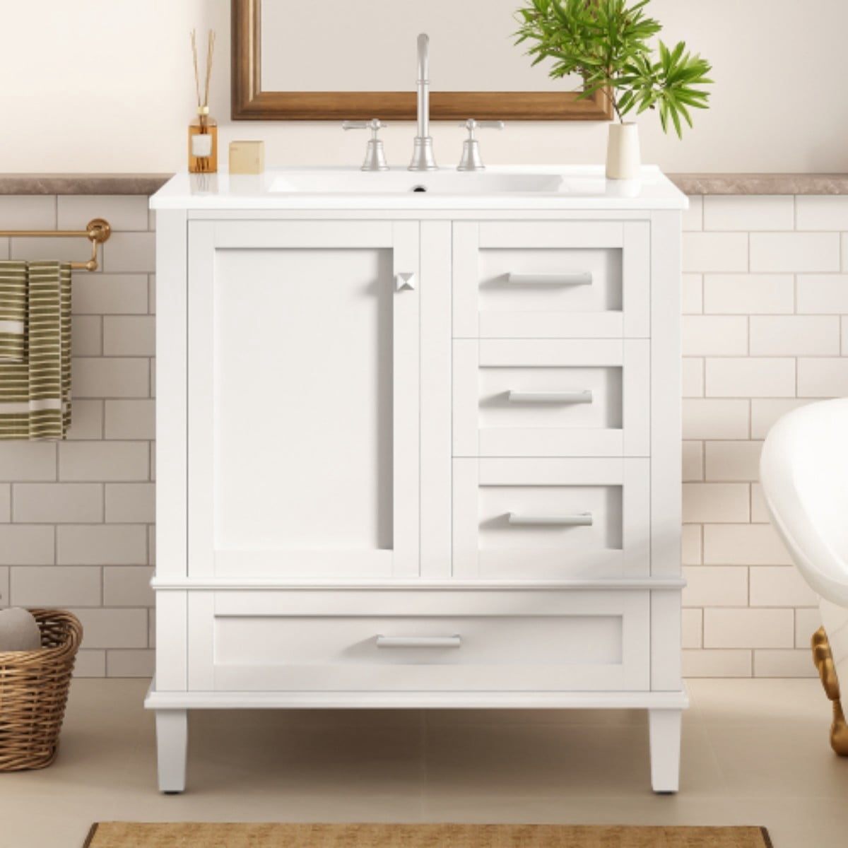 30" Bathroom Vanity with Ceramic Sink, Freestanding Bathroom Cabinet, Soft Close Door, 3 Drawers, Solid Wood Frame, White