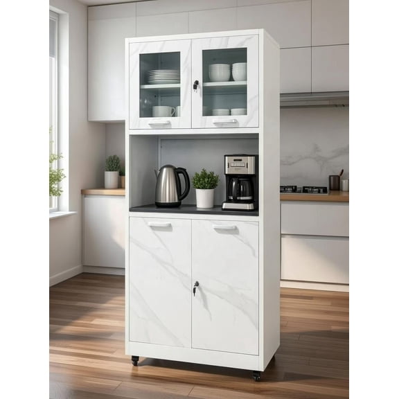 TEISURE 47” Pantry Cabinet, Kitchen Pantry Storage Cabinet with Doors and Adjustable Shelves,Freestanding for Living Room and Dinning Room (White)