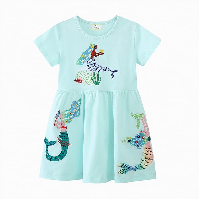gdxvjhbj Robe Préado Fillette Robes Florales Pois Manches Courtes Princesse Robe Trapèze 5T 6T (Bleu Clair,5-6 Ans)