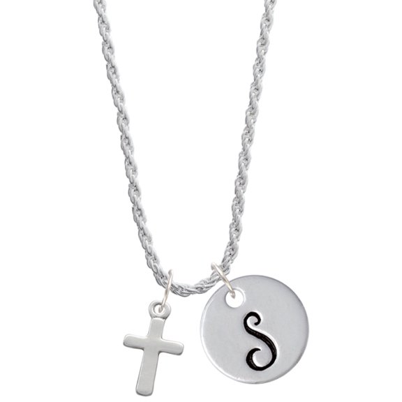Delight Jewelry Silvertone Simple Plain Small Cross Silvertone Script Initial Disc - S - Charm Necklace, 20"+3"